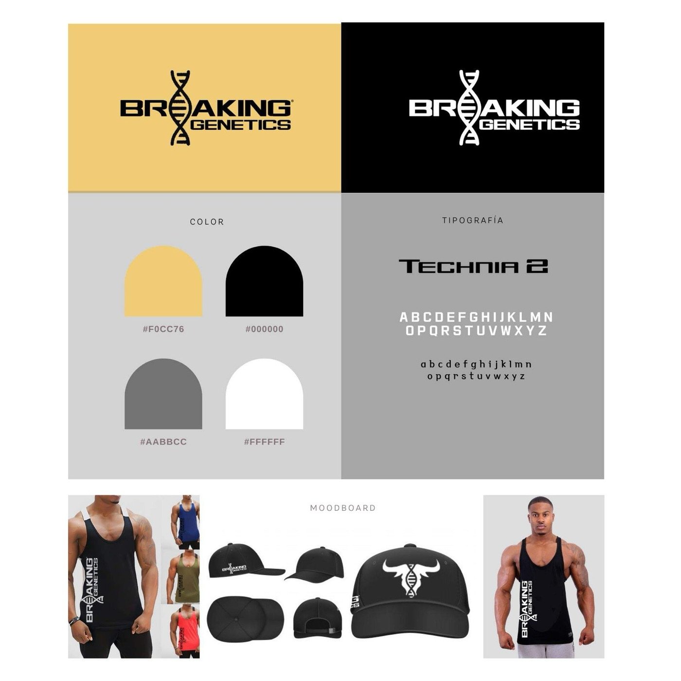 Identidad de Breaking Genetics: logotipo, paleta, tipografía y aplicación en ropa deportiva