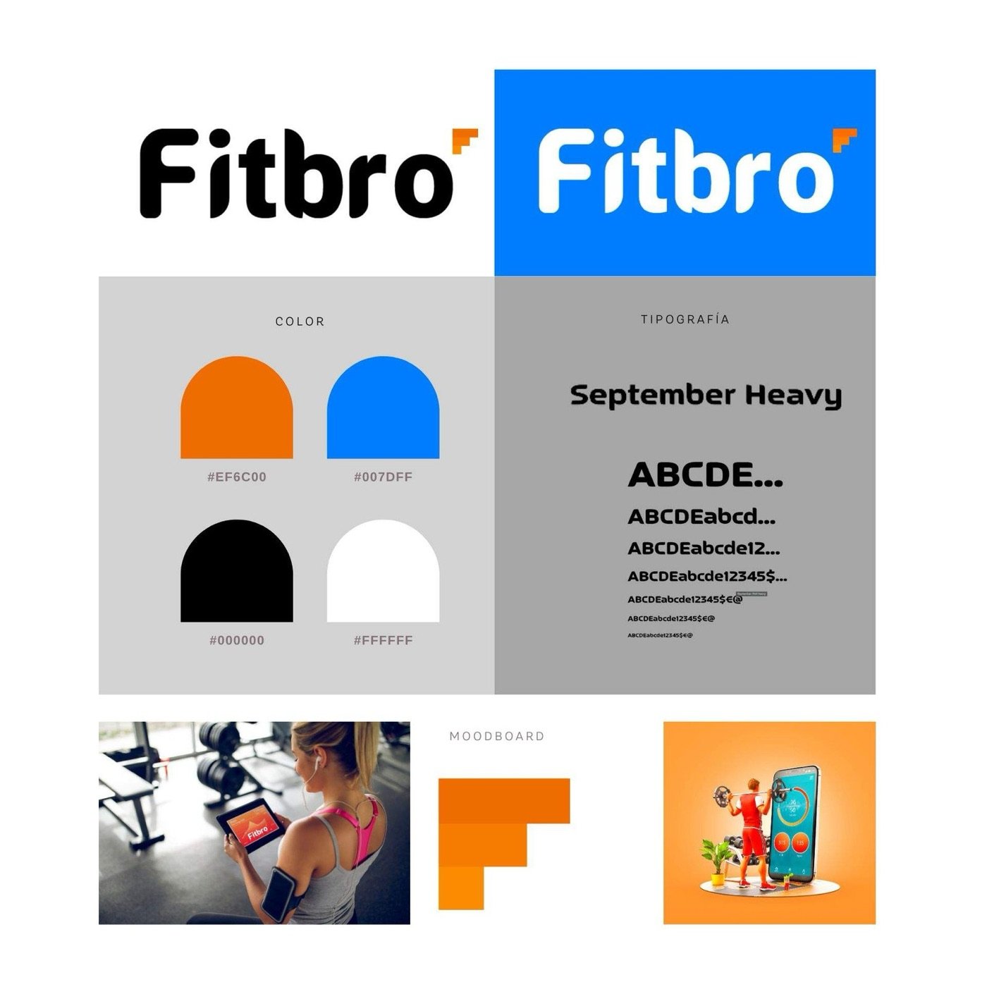 Identidad de Fitbro: logotipo, paleta naranja y azul, tipografía y aplicación en la app